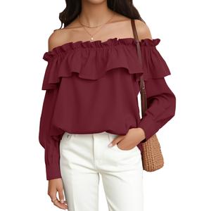 Prettywear Women's Sexy Off Shoulder Tops Long Sleeve Ruffle Blouse Flowy Going Out Shirt Oversized (Burgundy,L)