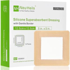 NeuHeils Silicone Super Absorbent Wound Dressing 5''x5'' 10 Packs, Self-Adhesive Waterproof Bandage with Ultrasorb Polymer Pad for Heavy Exudates Wound