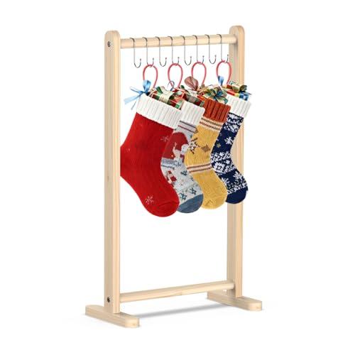 TangFee Wooden Christmas Stocking Holder Stand, 6 Hooks Wood Xmas Stocking Hanger Floor Stands, 51x26x88Cm/20 * 10 * 35inch