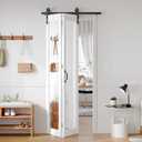 FREDBECK Bifold Barn Door 36x84 (Double 18x84) with 1 Lites Mirror,Bi-fold Closet Doors Hardware Kit Included,40" Track for 2 Doors, PVC, White,for Living Room, Bathrooms, Kicthen