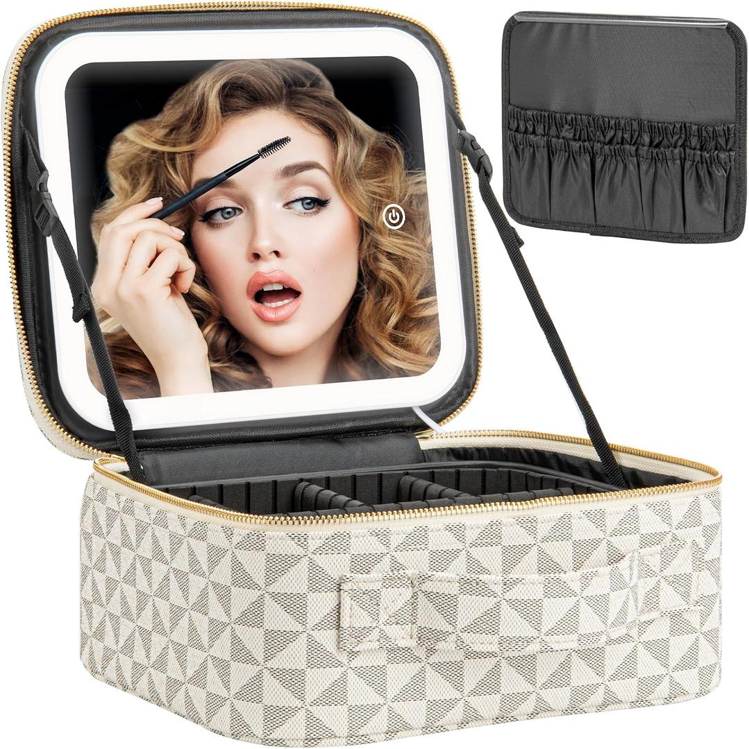 Extrei Gent Makeup Travel Train Case with Mirror LED Light 3 Adjustable Brightness Large Cosmetic Bag Portable Storage Adjustable Partition Waterproof Makeup Brushes Make up Jewelry Gift for Women (EXP 12/31/36)