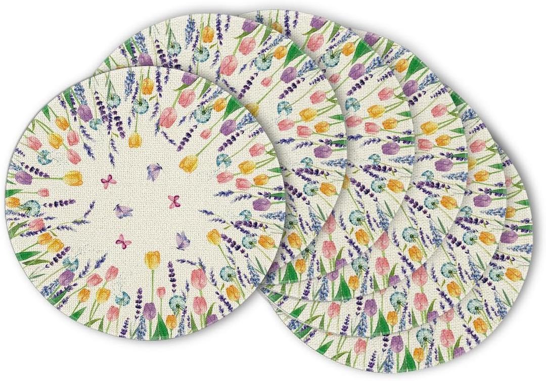 Artoid Mode Lavender Tulip Spring Round Placemats Set of 6, 14 Inch Seasonal Summer Holiday Round Table Mats for Dining Decoration