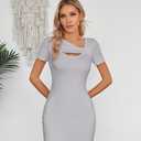 VICHYIE Womens Summer Dresses Cutout One Piece Ribbed Bodycon Mini Short Sleeve Casual Slim Fitted Pencil Dresses (Gray, XL)