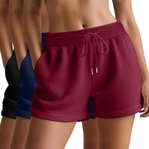 Huukeay 3 Pack Women's Waffle Knit Shorts Drawstring Casual Lounge Pajama Bottoms Comfy Summer Shorts with Pockets (Black, Claret, Navy Blue) Medium