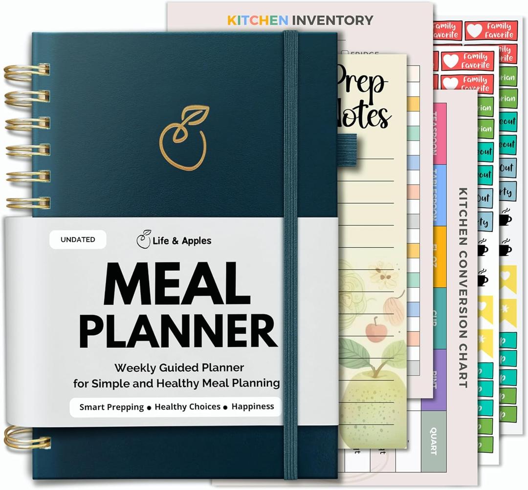 Life & Apples Meal Planner with Grocery List  Undated Weekly Menu & Meal Prep Notebook for Women & Men, Healthy Eating & Weight Loss Planner, 52-Week Spiral Bound Journal, Teal Blue