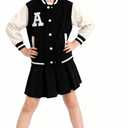 Girls 2 Piece Outfits Skirt Set Button Up Baseball Jacket With Pleated Skirt Set Preppy Fall Winter Clothes 3-12Years (Black)