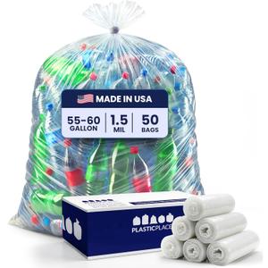 Plasticplace Heavy Duty 55-60 Gallon Trash Bags  Clear Garbage Can Liners (38 x 58)  Durable Multiuse, Puncture-Resistant, 50 Count  Ideal for Kitchens, Warehouses and Recycling Trashbags 1.5 Mil