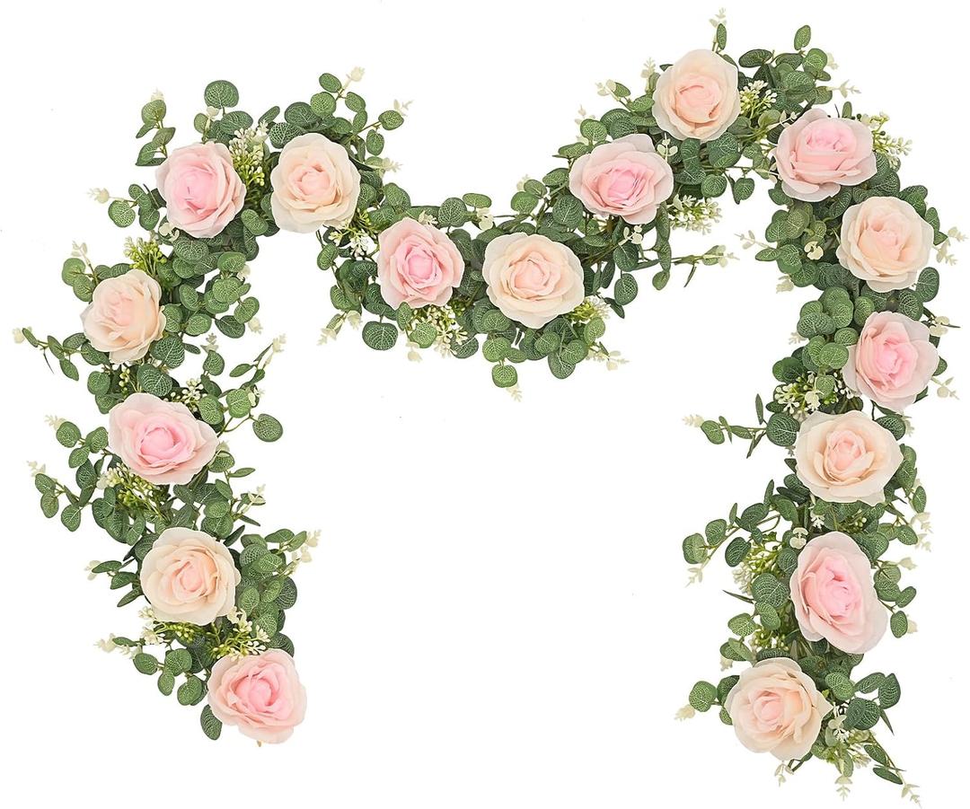 Dolicer 2Pcs 13Ft Artificial Eucalyptus Garlands with Flowers - 8 Roses, Faux Floral Greenery Garlands Fake Flowers Vines for Wedding Table Centerpieces Arch Party Ceremony Backdrop Decor (Pink)