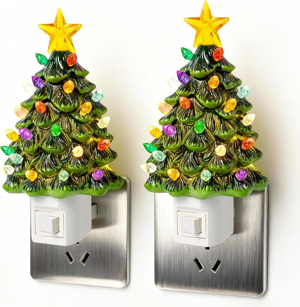 2 Pack Ceramic Christmas Tree Night Light,Vintage Decorative Xmas Tree Nightlight with Multicolor Bulbs, Christmas Gift for Bedroom Bathroom Decor (Green)