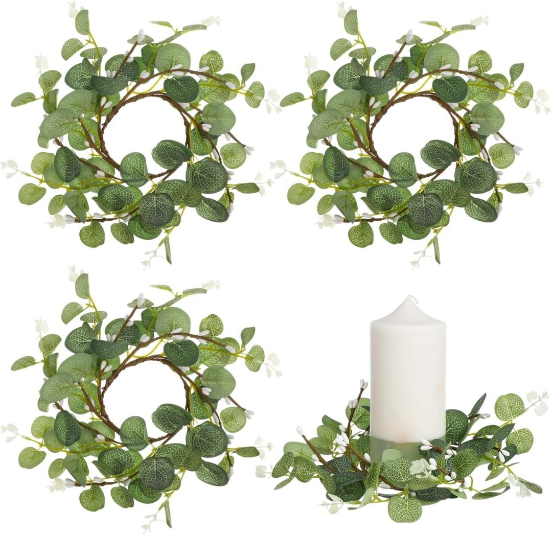 DOITOOL Easter Eucalyptus Candle Rings, 4Pcs Artificial Greenery Wreaths for Pillar Candles, Small Faux Silk Leaves Wreath with White Berries, Spring Easter Table Centerpiece Decor for Farmhouse Windo