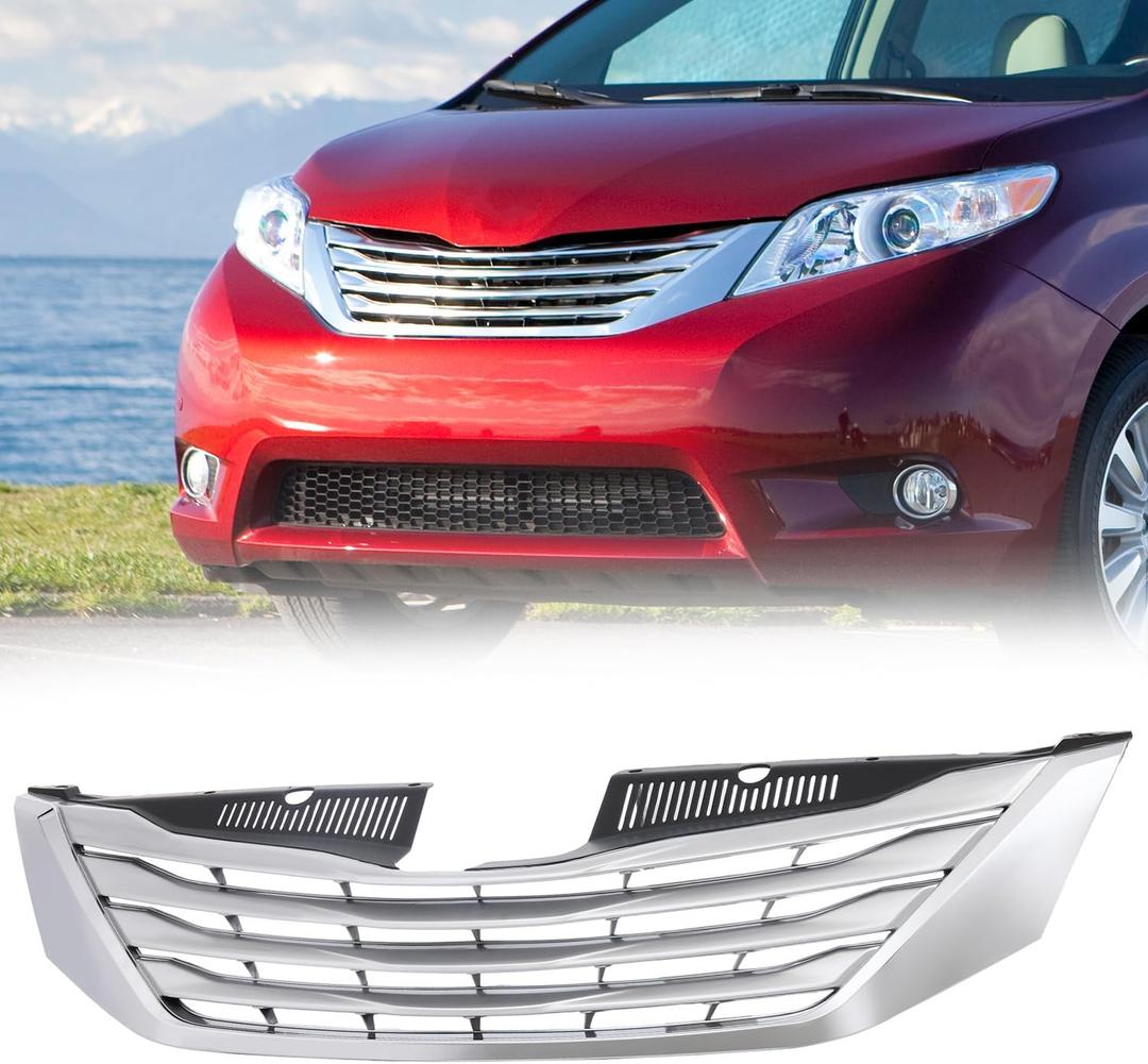 Front Upper Bumper Grille Grill Assembly Chrome Compatible with 2011 2012 2013 2014 Toyota Sienna Mini Passenger Van, Replace 53101-08090 TO1200333