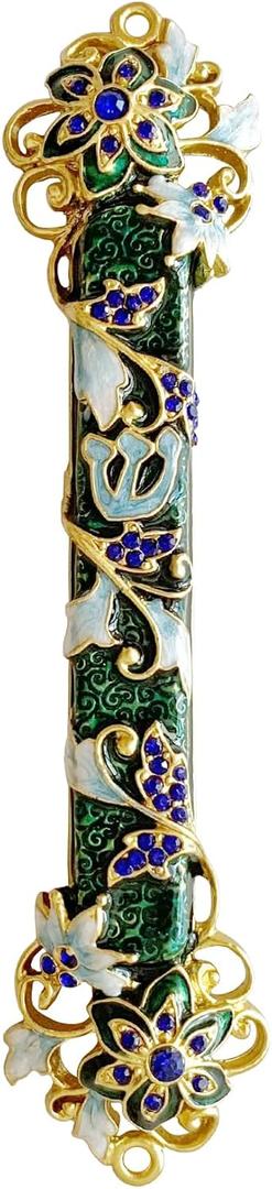 Hand Painted Mezuzah, Exquisite Enamel Mezuzah with Blue Crystal Accent
