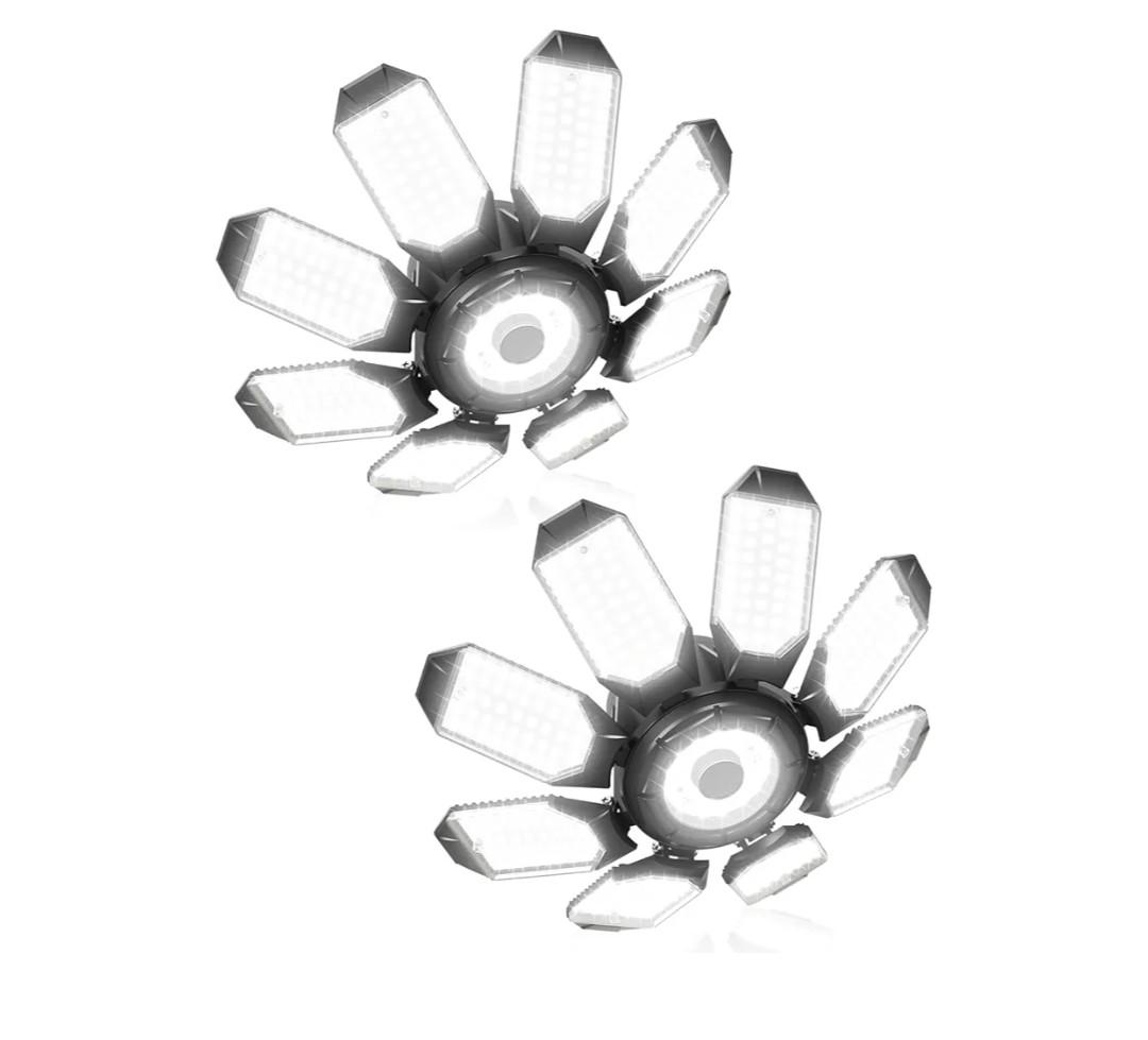 Adiding LED Garage Ceiling Lights 2 Pack w/ 8+1 Adjustable Panel, Super Bright 28000LM Deformable Basement Light Bulb Fixture Screw in E26 Socket Base for Indoor Workshop Attic Gym Bay Laundry Utility