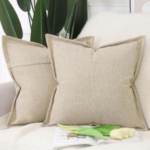 MADIZZ Set of 2 Linen Throw Pillow Covers with Broad Edge Soft Boho Decorative Pillow Cases for Sofa Bedroom Modern Pillow Shell 18x18 Inch Beige