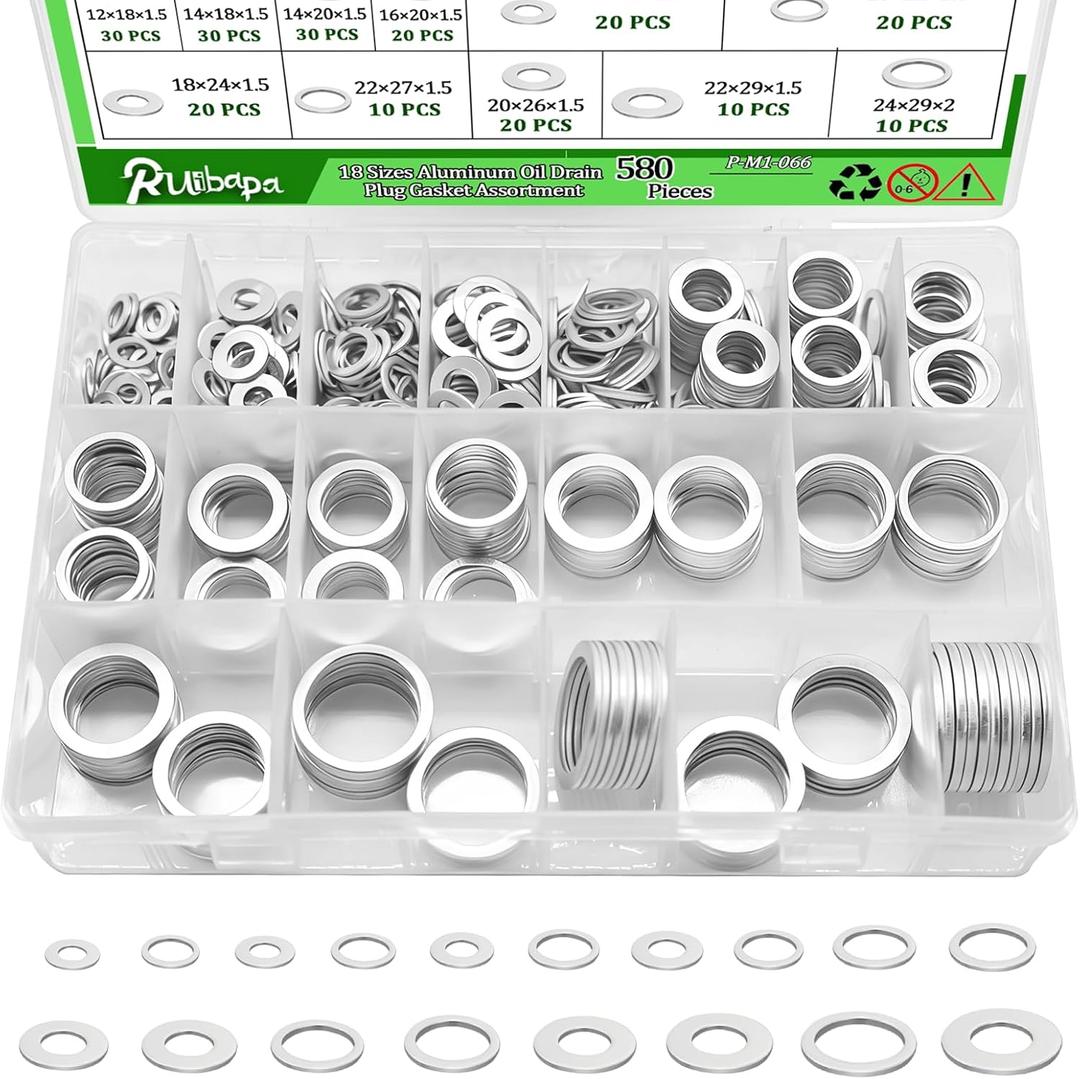 580PCS Oil Crush Washer,18 Sizes Oil Drain Plug Gaskets Assortment Kit,Automotive Aluminum Drain Plug Washer M6 M8 M10 M12 M14 M16 M18 M20 M22 M24