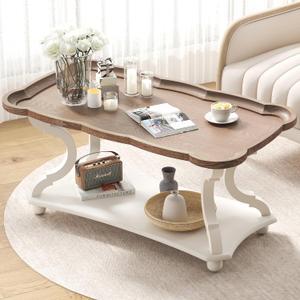 Function Home Farmhouse Coffee Table, Rustic White Cocktail Table with Storage Shelf, Sofa Table with Natural Tray Top and Carved Legs for Living Room Furniture Dining Room, Vintage White (22"D x 40"W x 19"H)