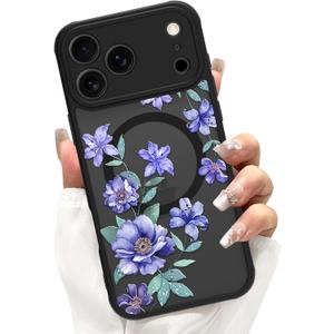 Magnetic Case for iPhone 17 Pro Max, Cute Purple Floral Flower Aesthetic Design [Compatible with Magsafe] Soft TPU and Hard PC Anti-Scratch Shockproof Protective Case for Men Women