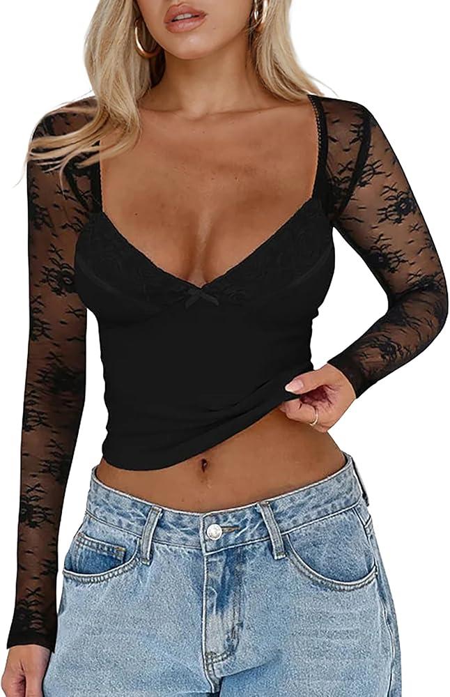 CSDAJIO Women's Sexy Going Out Tops for Women Sweetheart V Neck Long Sleeve Lace Top Low Cut Shirt M