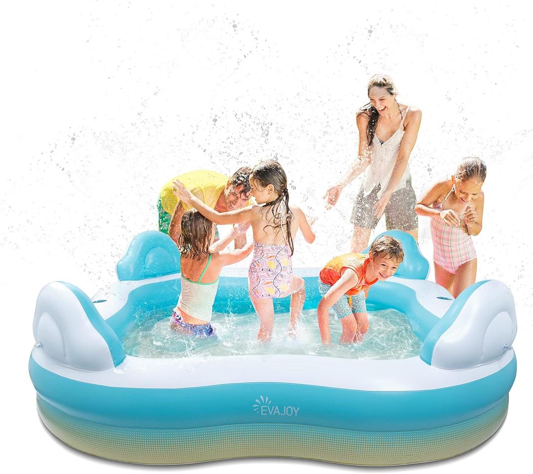EVAJOY Inflatable Swimming Pool, Inflatable Pool for Kids, Adults, Family-Sized Above Ground Swimming Pool with 4 Seats, 4 Backrests, Cup Holders, for Backyard, Garden, Outdoors, 200 gal