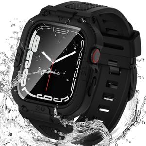 Goton 3 in 1 Waterproof Case with Band for Apple Watch with Built-in Tempered Glass Screen Protector 44mm, 360 Shockproof Bumper Face Cover with Band for Apple Watch SE 3/SE 2/SE, Series 6/5/4, 44mm (Matte Black)