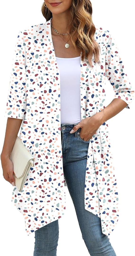 YSYOKOW Women's Open Front Cardigan Lightweight Soft Knit 3/4 Sleeve High-Low Draped Hem Loose Casual Duster (M)