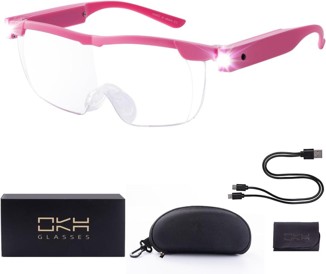 OKH 160% Magnifying Glass with Light, Rechargeable Lighted Magnifying Glass, Jewelry Magnifier with 2 LED Lights, Pink Magnifying Glasses for Close Work Reading Crafts Jewelry
