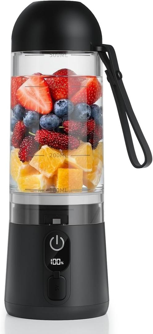 Portable Blender, 8 Blades Personal Size Smoothie Blender for Shakes, USB C Rechargeable Juicer Cup with LED Display, Travel Friendly Mini Mixer for Home, Office, Gym, 17oz, Black