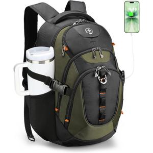 Swissdigital Design Laptop Backpack with USB Charging Port, Travel Backpack Fits 15.6 inches Computer, 31L College School Backpack for Men, Olive/Black | SD803-26