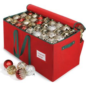 WDZREE Large Christmas Ornament Storage Box,4 Tier Holds Up to 128 Holiday Ornaments 3-Inch, Xmas Decorations Accessories Bag with Dual Zipper Closure,Made of Durable 600D Oxford Fabric (Red)