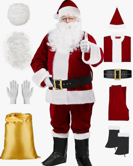 Santa Claus Costume Adult 9PCS, Mens Deluxe Plush Santa Suit Christmas Santa Costume for Men Santa Outfit Set, Large