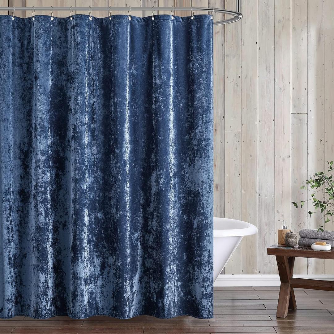 Fredsure Distressed Velvet Shower Curtain Set, 13 Pieces Navy Including 1 Piece 72"x72" Shower Curtain and 12 Pieces Silver Hooks