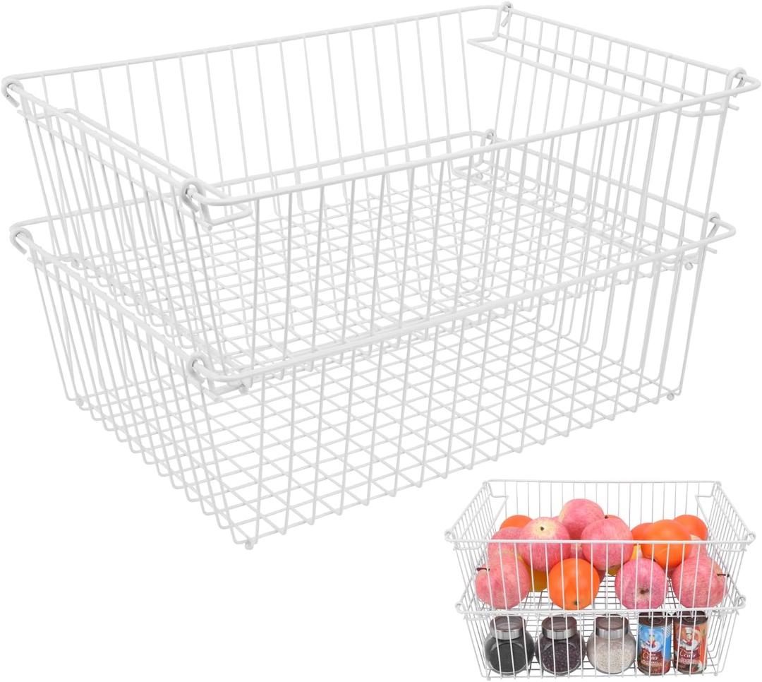 Set of 2 Stackable XXL Wire Baskets For Pantry Storage and Organization -16x12in Large Metal Food Baskets -Vegetable,Fruit,Potato,Onio, Pantry Storage Bins With Handles (White, XXL)