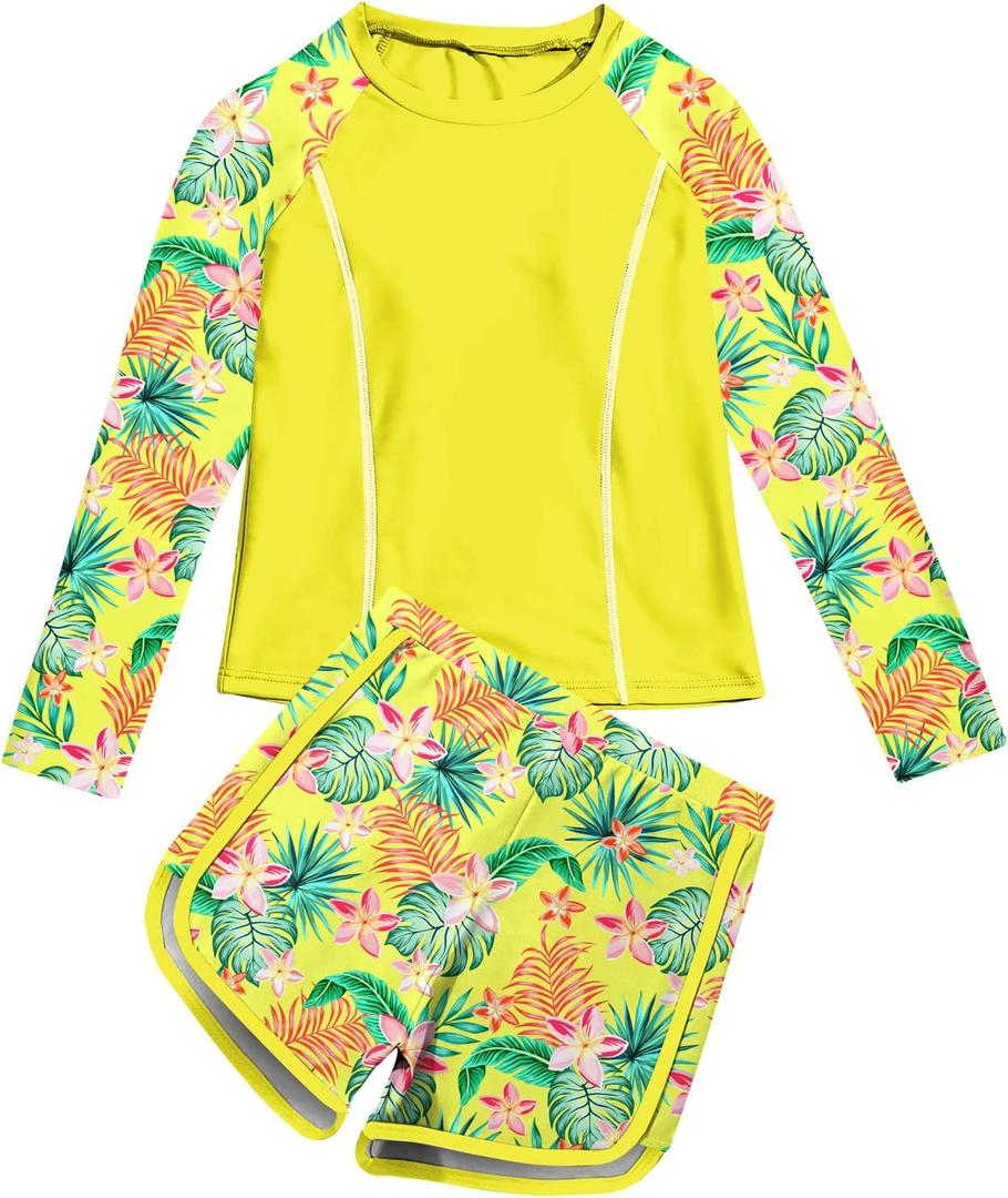 Vogseek Girls Rash Guard Swimsuits 2 Piece Bathing Suit UPF 50+ Summer Swimwear Size 7-12T Yellow