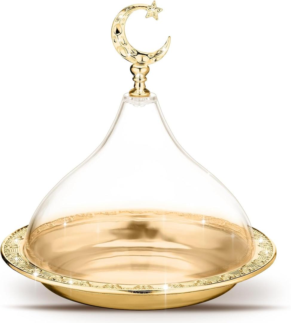 1 Pcs Ramadan Tray Decor Eid Mubarak Date Holder with Clear Dome Lid Mardi Gras Serving Tray 6.69" Metal Gold Eid Al-fitr Dessert Container for Nuts Baklava Samosa Halva Candies Cookies