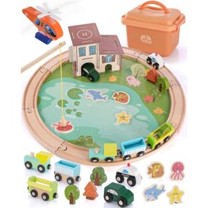 Wooden Train Track Set - 48-Piece Toy Train Tracks Compatible with Thomas, Brio, Melissa & Doug - Includes Fishing and Puzzles for Toddlers 3-8 - Educational for Fun Playtime