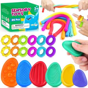 Fidget Sensory Toys for Kids: 26 Pack Quiet Squishy Fidgets for Classroom Students Prizes- Textured Soft Fidget Rings Stretchy Strings for Autism Calming Down - Office Desk Toddler Travel Treasure Box