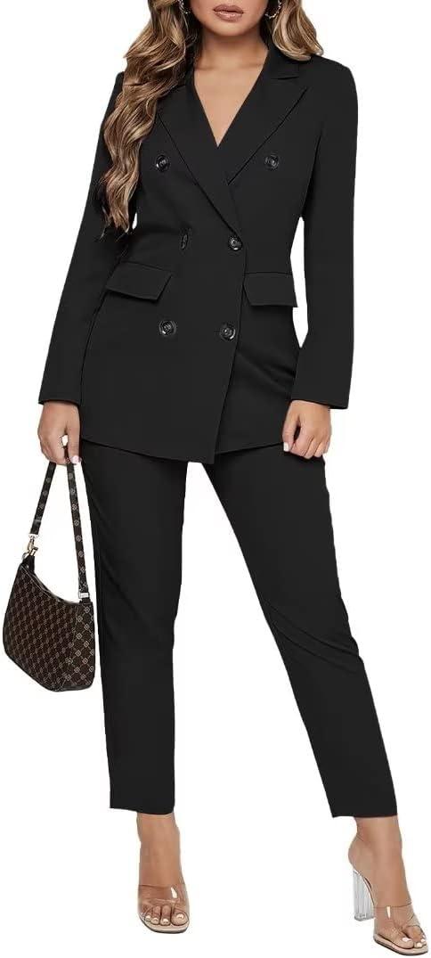 Women Double Breasted Blazer Set Formal 2 Piece Pants Outfits Long Sleeve Bussines Suit Set for Work Office (Medium, Black)