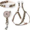 Mile High Life Leopard Dog Harness Collar Leash Set, Adjustable No Pull Dog Halter Harness for Small Breed Dogs, Easy Control for Training Walking (Beige, M Chest 15"-21", Neck 13"-17")