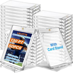 50 Pcs 130PT Magnetic Card Holder with 10 Pcs Stands, Magnetic Card Case Hard Protector, UV Protected Transparent Clear for Trading Sports Baseball Football Collectible Cards Display & Storage