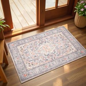 Small Washable Area Rug, 57" Boho Vintage Entryway Rugs, Soft Non Slip Floral Door Mat, Aesthetic Low Pile Carpet for Front Door Entry Carpets Entrance Bedroom Kitchen, Beige/Multi
