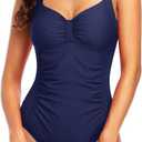Tempt Me Women Ruched Slimming One Piece Swimsuits Tummy Control Vintage Bathing Suits (X-Large, Navy Blue)