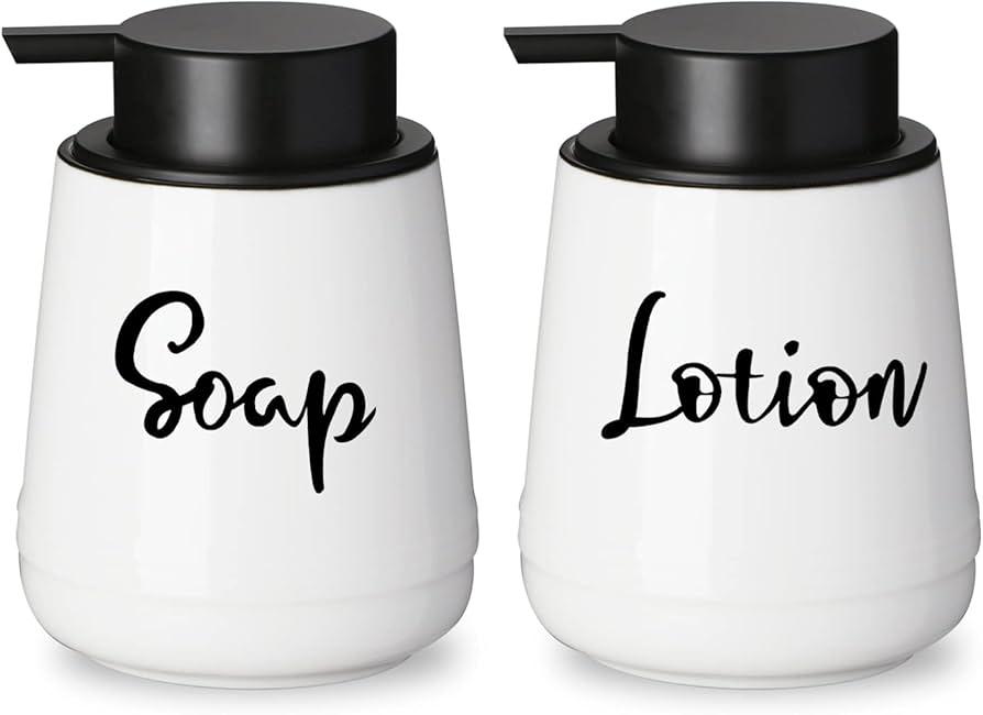Farmhouse Ceramic Soap and Lotion Dispenser Set, Easy-to-Press Pump, 12oz (White)