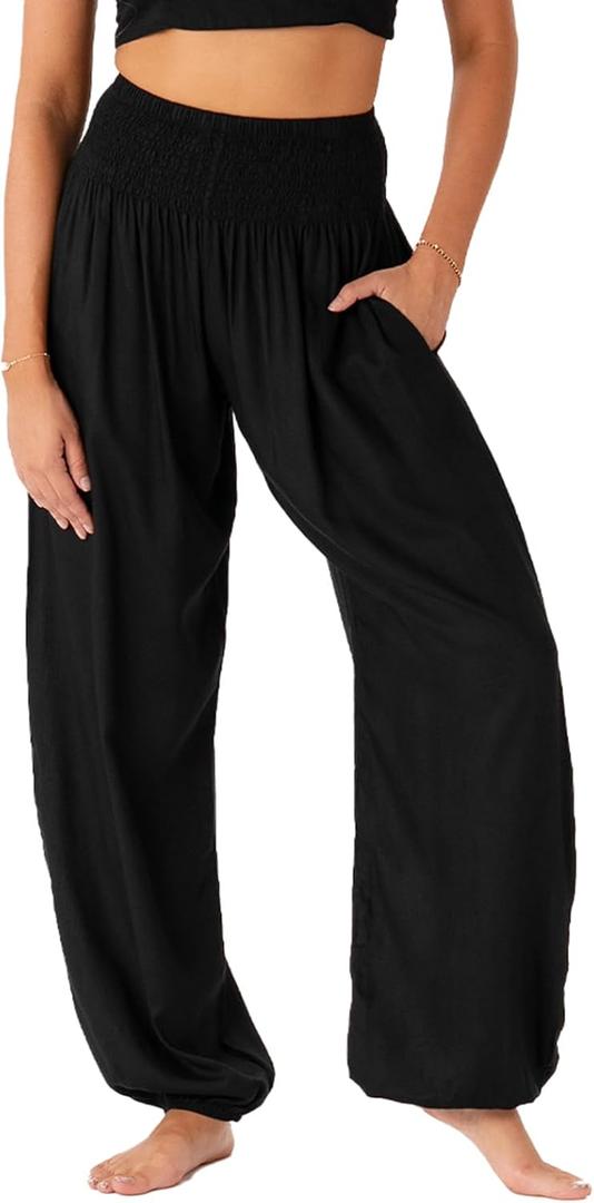 Lotus and Luna Women's Harem Pants Thai Pants for Beach & Lounge High Waisted Flowy Boho Pants Genie Pants Yoga Pants (Large, Black)