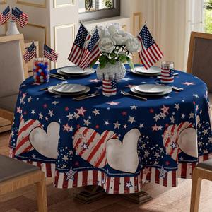 XCHI Stripe Stars Love Heart America Patriotic 4th of July Memorial Day Independence Day Tablecloth Round Washable Table Covers for Home Party Decorations 70x70 Inch