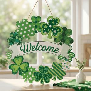 Wooden St. Patricks Day Door Sign - Shamrock Welcome Wreath Hanging Decor for Front Door, Wall, Indoor & Outdoor Irish Party Home Decorations (Welcome Shamrock)