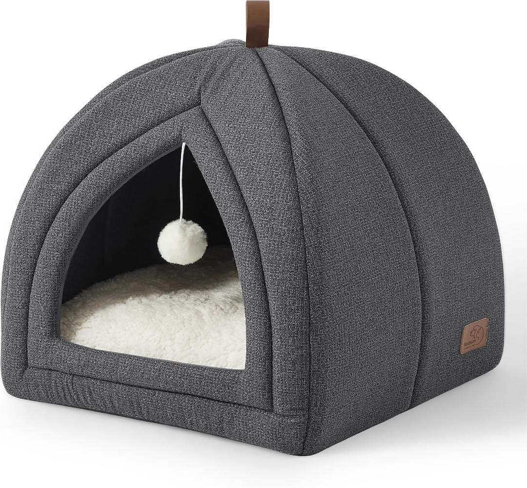 Bedsure Cat Beds for Indoor - 2 in 1 Cat Cave House Tent for Kittens and Small Pets with Removable Washable Cushioned Pillow, Foldable Kitten Hideaway with Non-Slip Bottom, Dark Grey, 16 inches