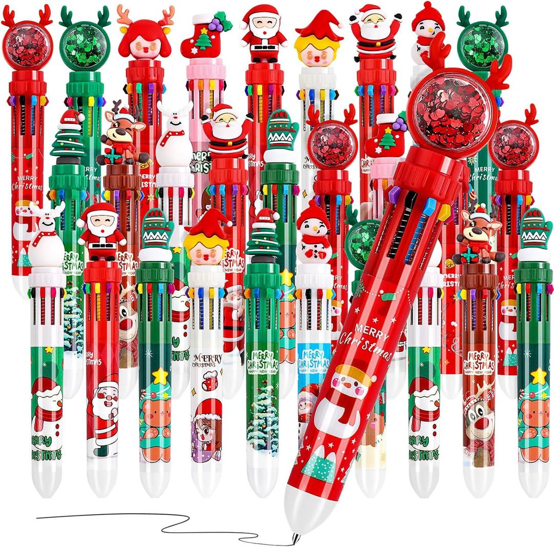 24 PCS Christmas Pens Bulk, 10-in-1 Christmas Multicolor Ballpoint Pens Santa Claus Reindeer Xmas Tree Pens for Christmas Party School Office Gift