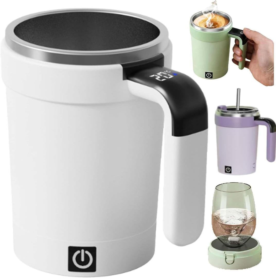 MeiAid 2026 Upgraded Automatic Magnetic Stirring Coffee Mug with Temperature Display & LeakProof Lid – Suitable for Office School Home (White)