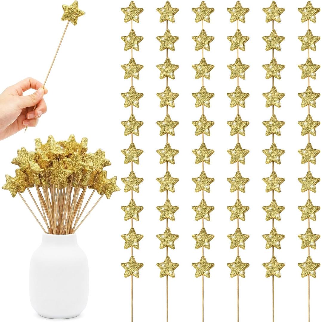 Mezchi 60 PCS Golden Glitter Star Floral Picks, 8.5 Inch Sparkly Foam Star with Wood Stem, Vase Sticks for Table Centerpieces, Craft Stars Decorations for Baby Shower, Birthday, Wedding, Christmas