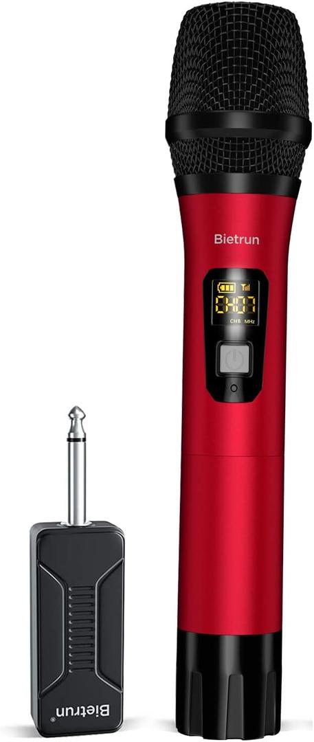 Wireless Microphone, Uhf Metal Dynamic Handheld Karaoke Mic, Rechargeable Receiver (Work 6hs),160ft Range, for Karaoke, Singing, Stage, Wedding, Speech, Karaoke Machine, Speaker, Amplifier, Mixer (Red)